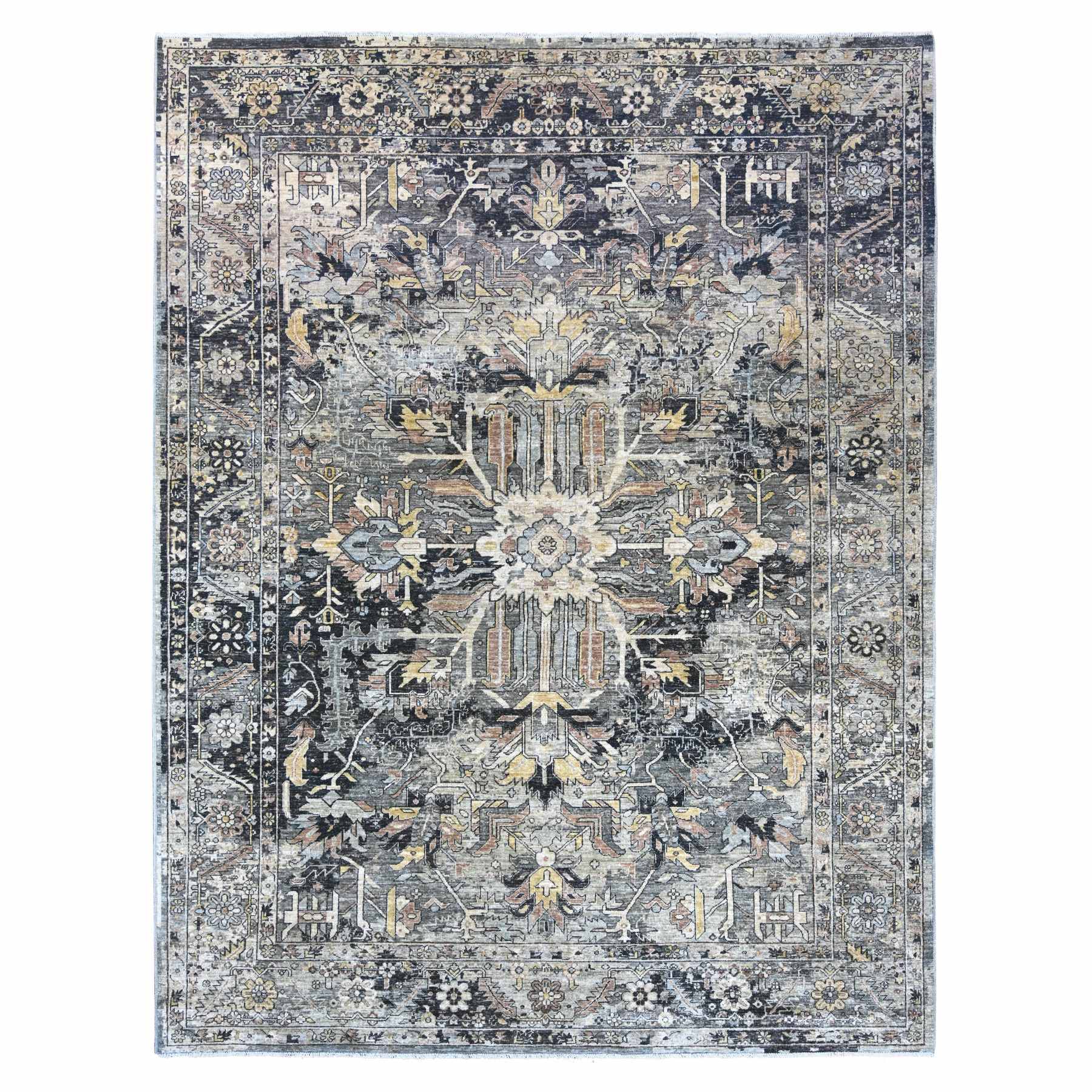 Charcoal Black with Gold, Broken and Erased Serapi Heriz Design, Aryana Grade, High Mountain Shiny Afghan Wool, Hand Knotted, Oriental Rug